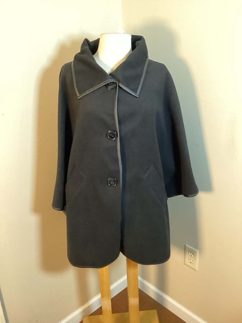 Dale Dressin Vintage Black Wool Cape Coat with Faux Leather Trim